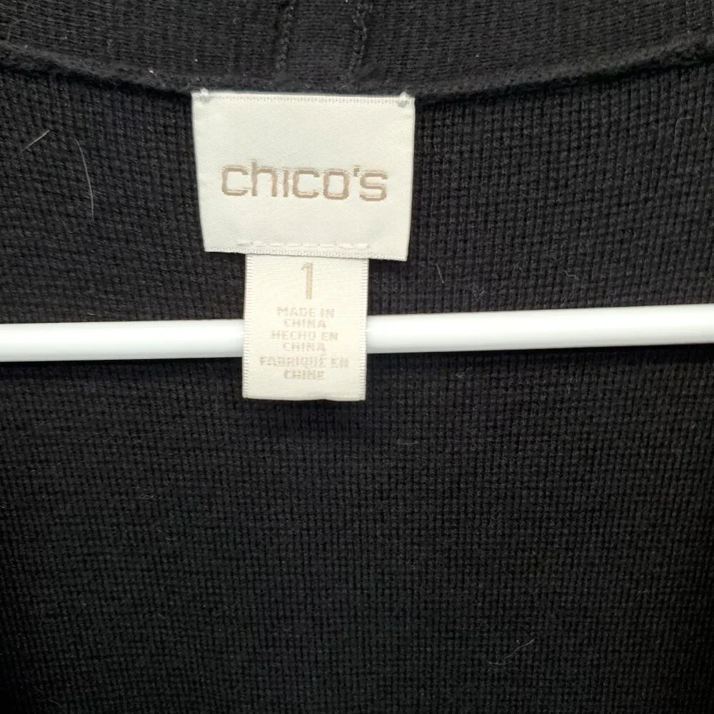 Chicos‎ Longline Cardigan Size 1 Small Pockets Open Front Black Sleeveless